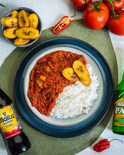 White rice mit Stew und Plantain (10 Portionen) - Fertiggericht